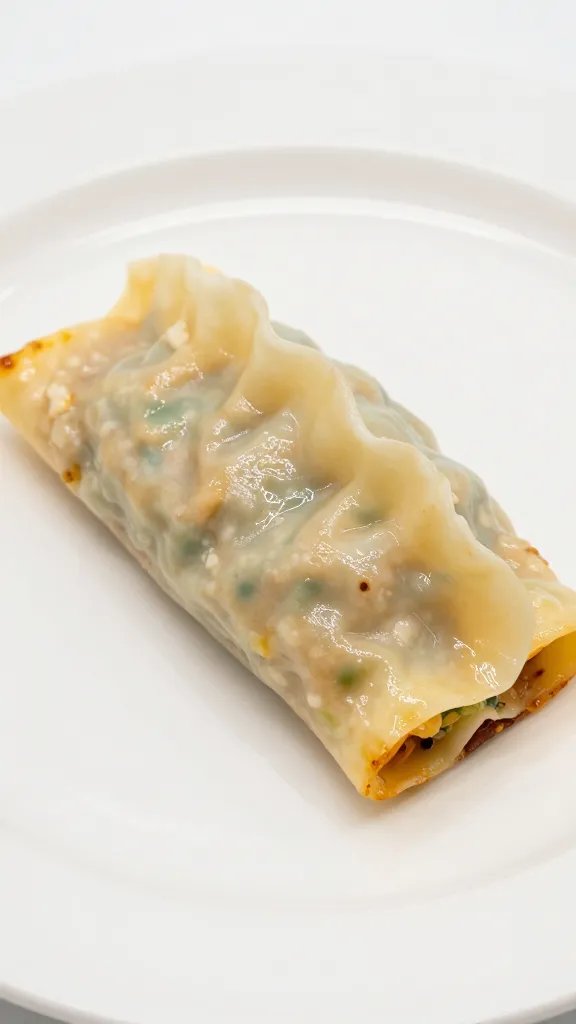 Closeup of a single dumpling lasagna bite on a white plate