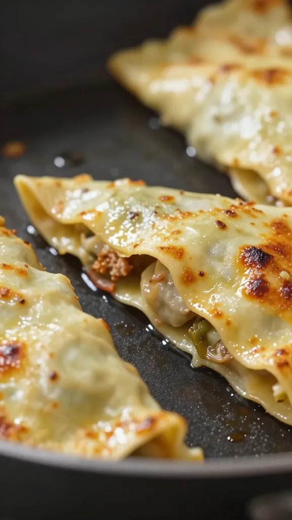 Closeup of a glossy skillet edge with one dumpling lasagna slice visible